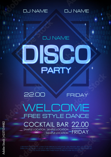 Disco ball background. Neon sign disco party poster.