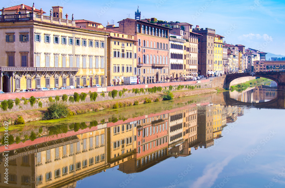Old buildings on the bank of Arno river in Florence, Italy