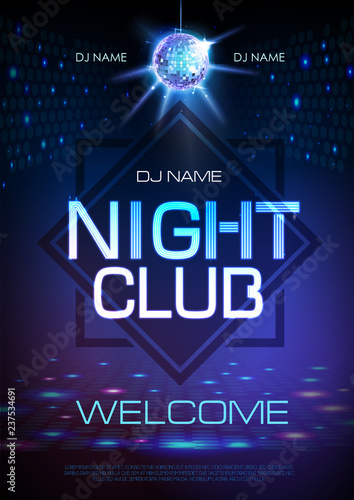 Disco ball background. Neon sign night club poster.