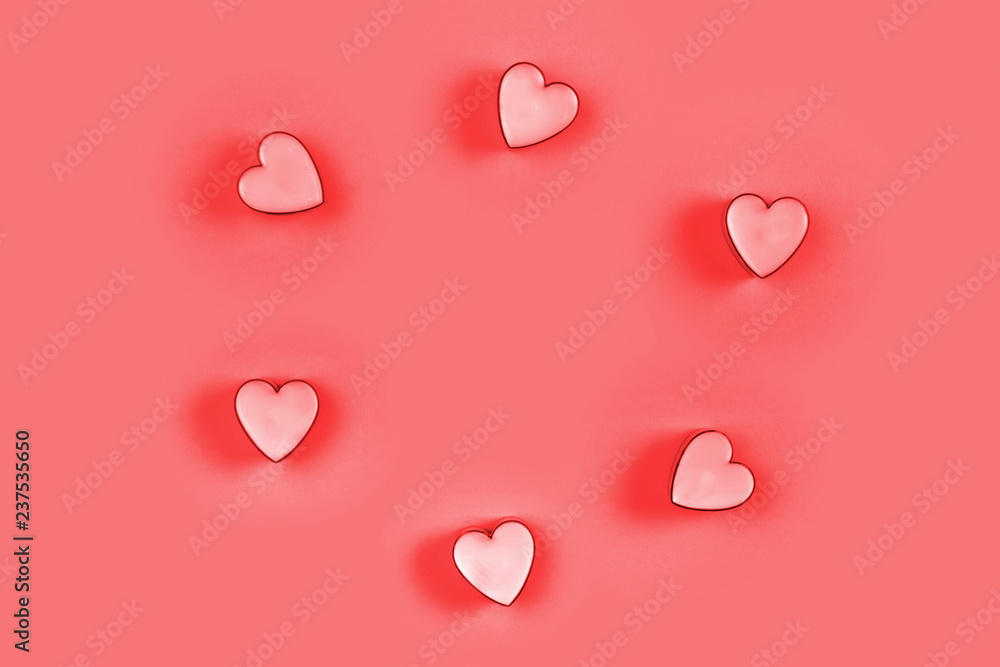 Hearts on a living coral colour background Hearts on a living coral colour background