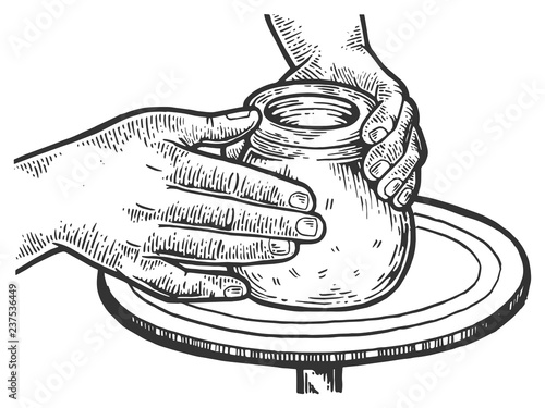 Potter makes pot of clay on potter's wheel engraving vector illustration. Scratch board style imitation. Black and white hand drawn image.