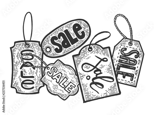 Sale tag label engraving vector illustration. Scratch board style imitation. Black and white hand drawn image.
