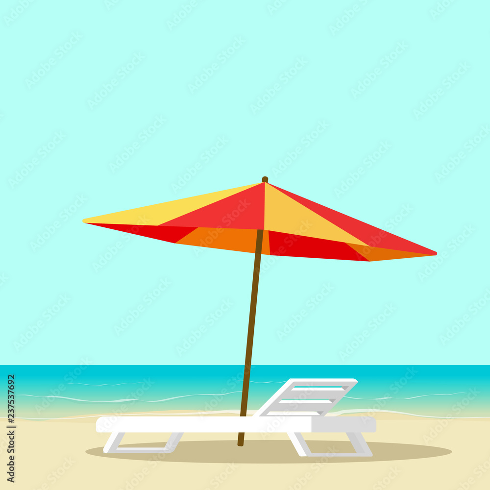 Beach lounge with empty chair near sea and sun umbrella vector illustration, flat cartoon seafront resort landscape with beach sand, idea of vocation travel relax place