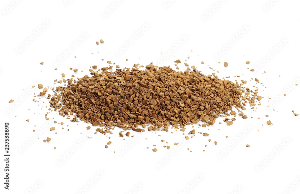 Instant coffee granules isolated on white background and texture