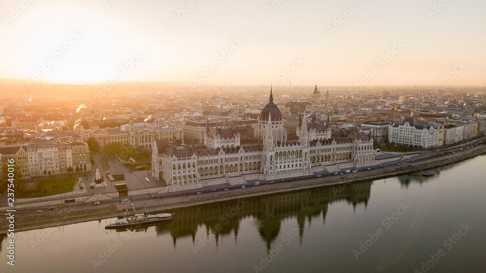 Panorama of the Danube Parliament Budapest airborne copter