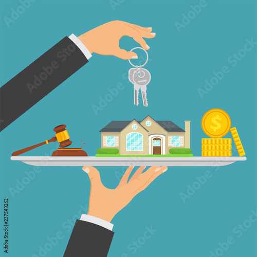 Concept of real estate trading, buying a house, selling real estate. Purchase of real estate, bidding for house, coins, keys, gavel. Vector illustration.