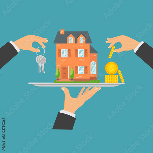 Concept of real estate trading, buying a house, selling real estate. Purchase of real estate, bidding for house, coins, keys, gavel. Vector illustration.