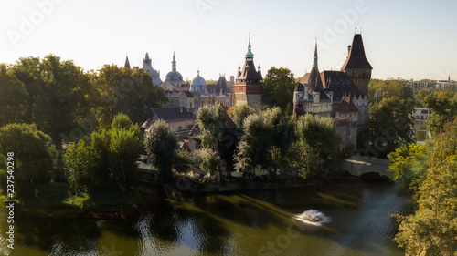 Vajdahunyad castle view from lakeside. Budapest, Hungary Filmed from the drone