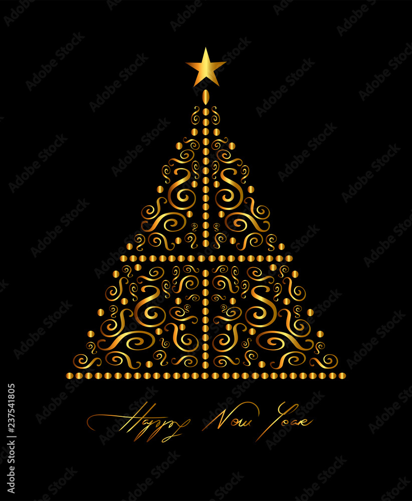 Christmas tree card with ornament details  gold color