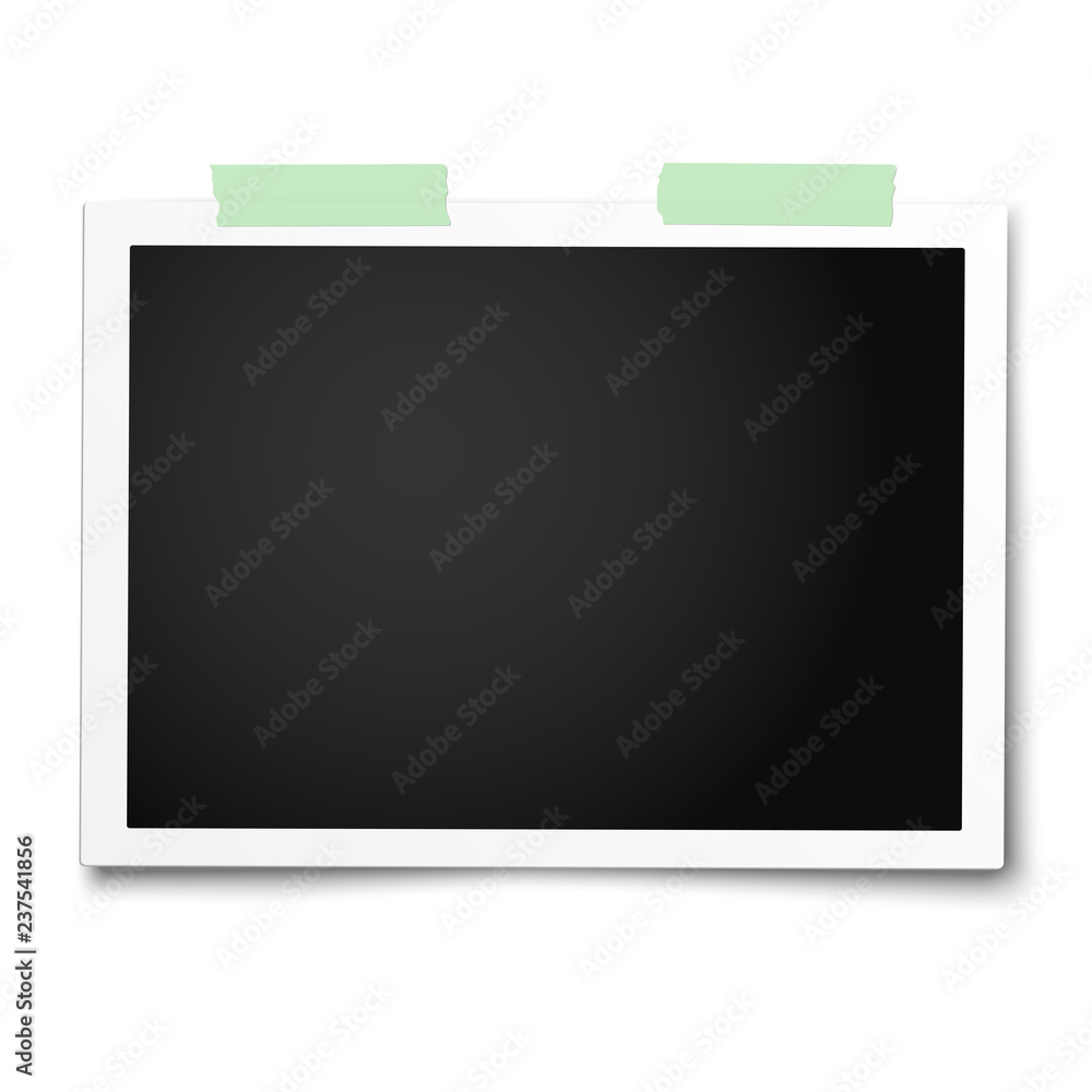 Realistic vector photo frame with straight edges placed on white by two pieces of green adhesive tape. Template photo design.