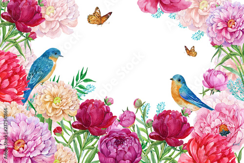 flower background with blue birds for design of cards  covers .Watercolor illustration on isolated white background