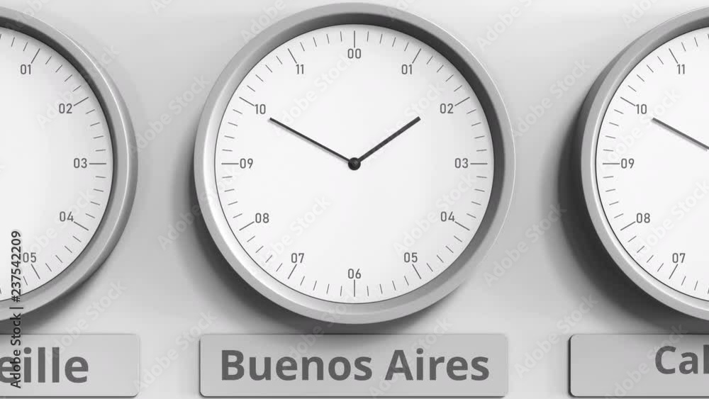 Clock shows Buenos Aires, Argentina time among different timezones. 3D animation Clock shows Buenos Aires, Argentina time among different timezones. 3D animation