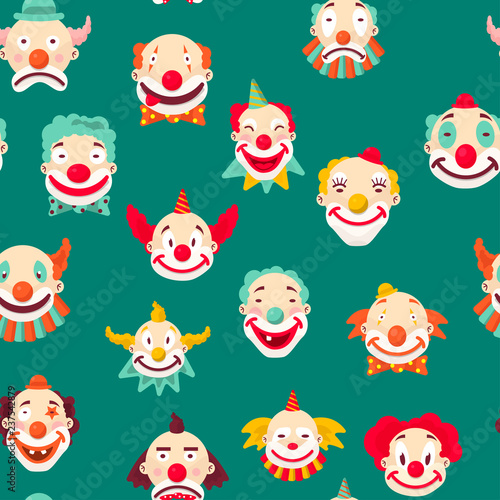 Clowns entertaining people emotions of man seamless pattern on green background.