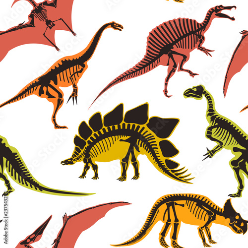 Dinosaurs and pterodactyl types of animals seamless pattern isolated on white background vector.