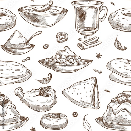 Indian cuisine sketch pattern background. Vector seamless design