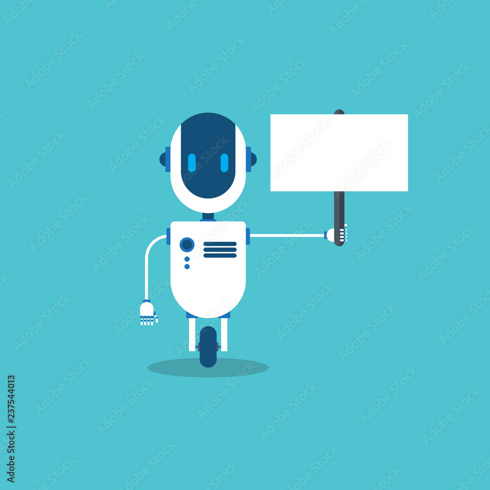 Robot holding empty sign. Modern Robot in flat style. Concept artificial Intelligence. Robot holding empty sign. Modern Robot in flat style. Concept artificial Intelligence.