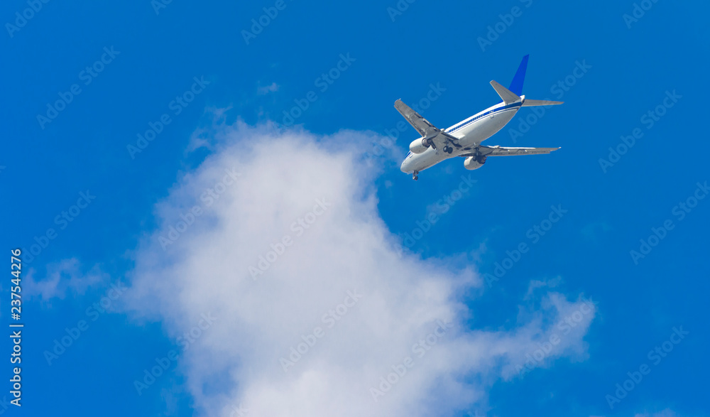 Obraz premium A large passenger airliner is a plane with a big wingspan high in the sky. Transport tourists for exotic holidays against the blue sky and white clouds
