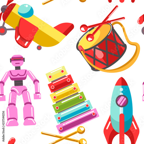 Kid toys vector icons seamless pattern. Children playthings set