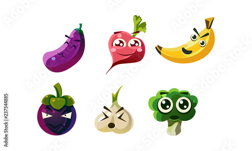 Flat vector set of humanized vegetables and fruits with different emotions. Funny cartoon characters