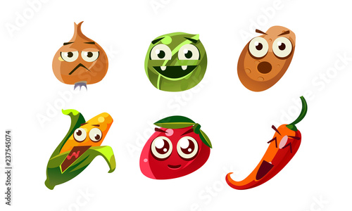FLat vector set of emotional vegetables. Funny cartoon characters with different facial expressions