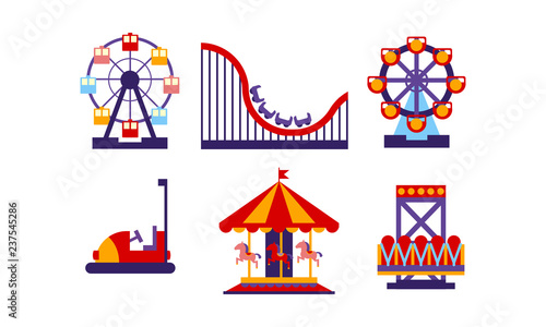 Flat vector set of amusement park elements. Funfair attractions and carousels. Entertainment theme