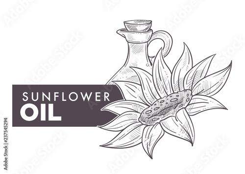 Sunflower oil poured in glass bottle text and flower