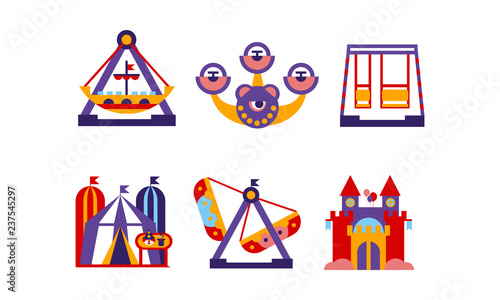 Flat vector set of amusement park elements. Funfair attractions, carousels and circus tent