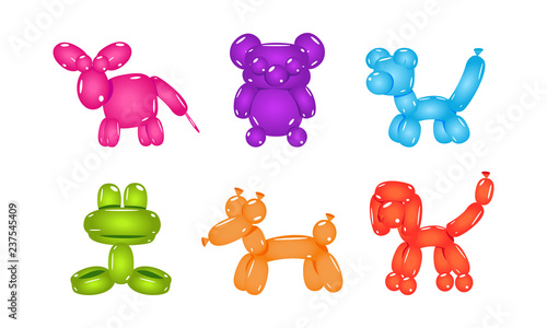 Set of balloons in form of different animals. Inflatable children toys. Flat vector for postcard or party poster