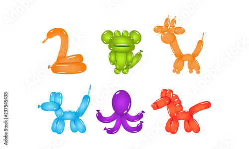 Set of glossy balloons in shape of different animals. Flat vector elements for party poster or postcard