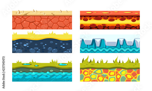 Flat vector set of 6 platforms for mobile game. Blocks with dry soil, lava, green grass, ice and water. Gaming assets.