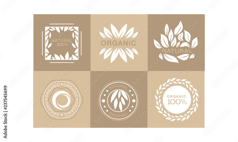 Vector set of monochrome emblems with abstract leaves and text. 100% organic. Natural product label