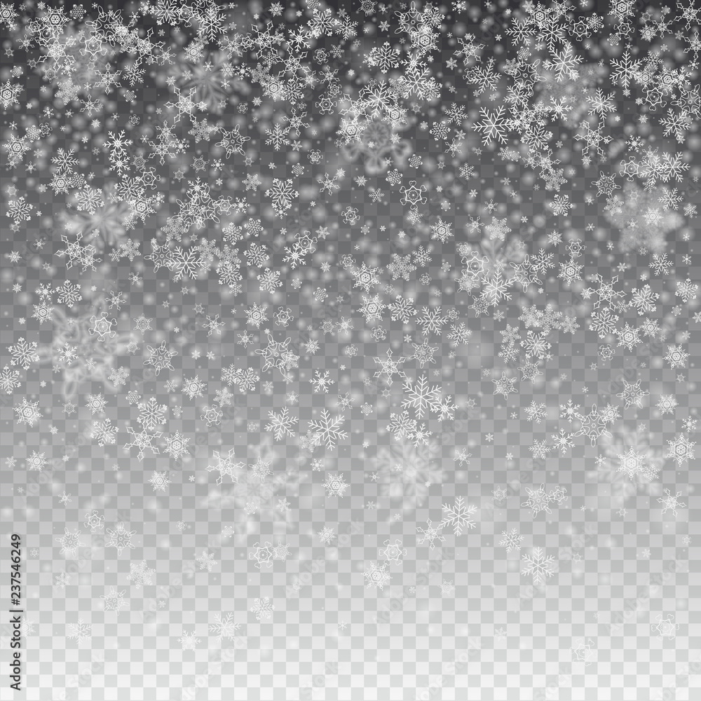 Vector snowfall, snowflakes of various shapes. Many white cold flaky elements on transparent background. White falling fly in the air. Vector snowfall, snowflakes of various shapes. Many white cold flaky elements on transparent background. White falling fly in the air.