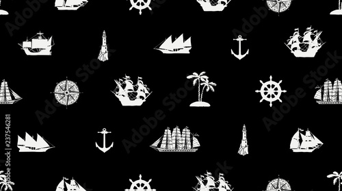Vector seamless pattern on the theme of sea travel with different sailing ships, compass, anchor, steering wheel and others. Cute sea objects on a black background in retro style