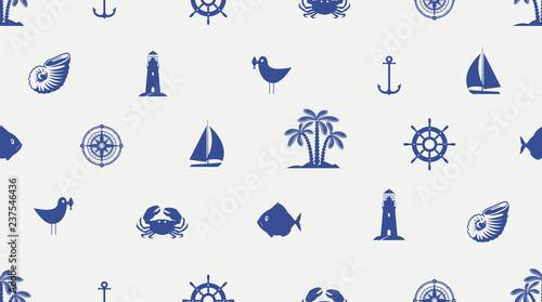 Vector seamless pattern with cute sea objects, anchor, sailboat, lighthouse, crab, fish, seagull, palm, seashell. Blue elements of marine design on light background