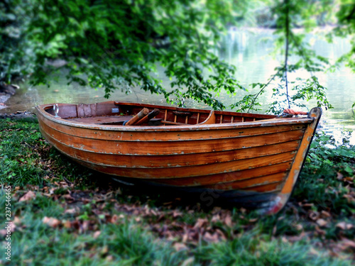 Isolated wooden row boat on lakeshore, Piedmont, Italy