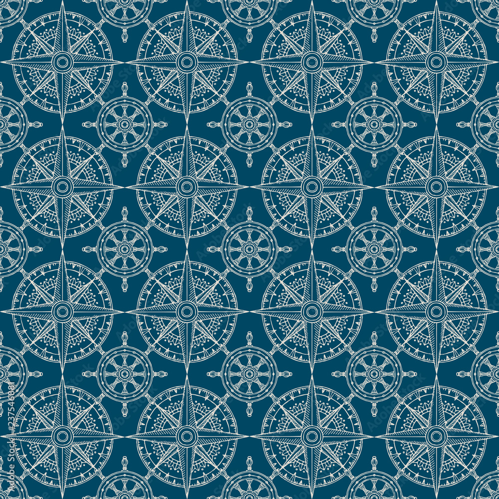 Vector seamless pattern on the theme of nautical travel, adventure and discovery. Wind roses and steering wheels in retro style on a dark blue background