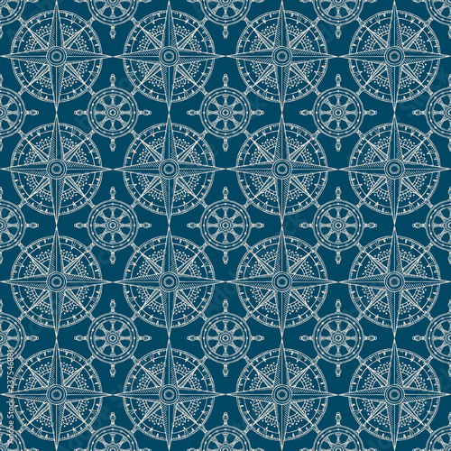 Vector seamless pattern on the theme of nautical travel, adventure and discovery. Wind roses and steering wheels in retro style on a dark blue background
