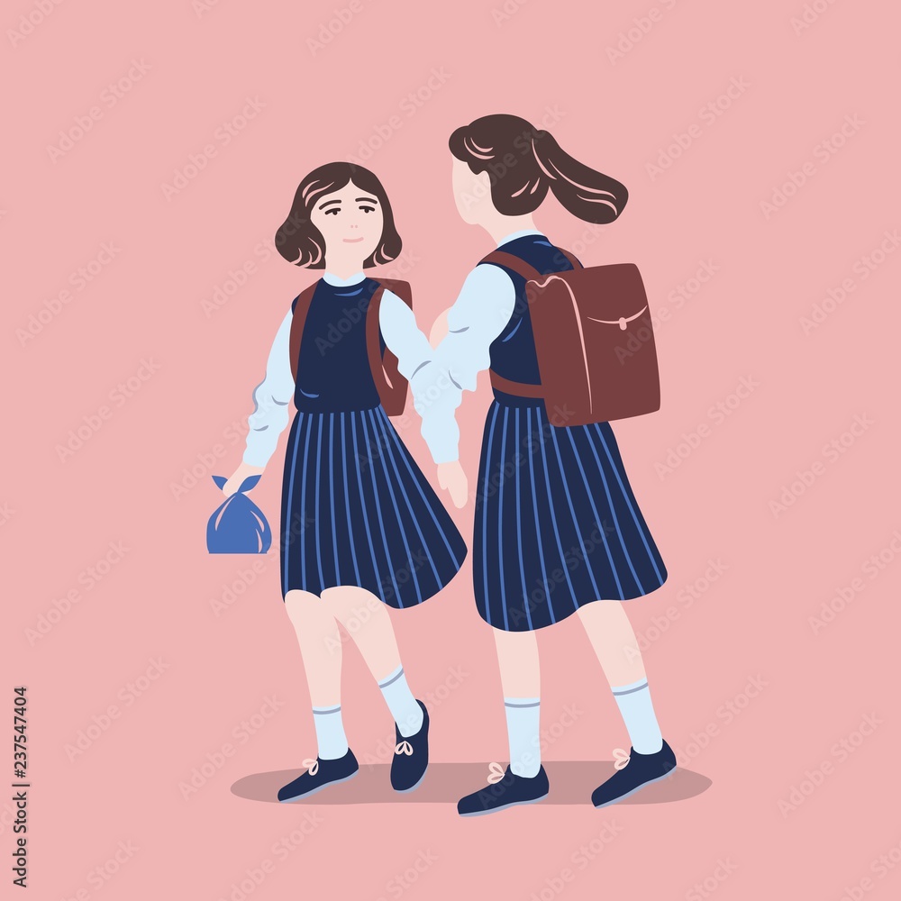 Pair of girls dressed in school uniform walking together. Female students, pupils or classmates wearing formal clothes talking to each other. Colorful vector illustration in flat cartoon style.