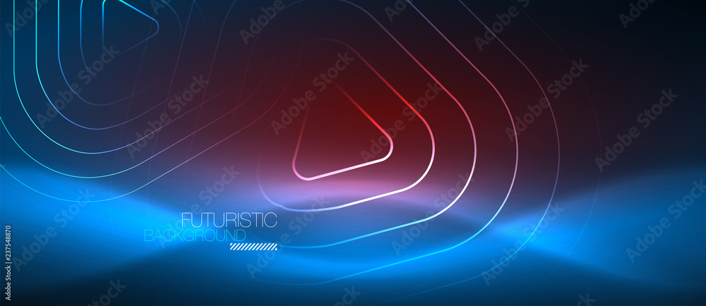 Neon glowing techno lines, hi-tech futuristic abstract background template with geometric shapes Neon glowing techno lines, hi-tech futuristic abstract background template with geometric shapes