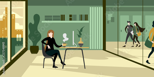 Modern urban eco green office interior with glass wall