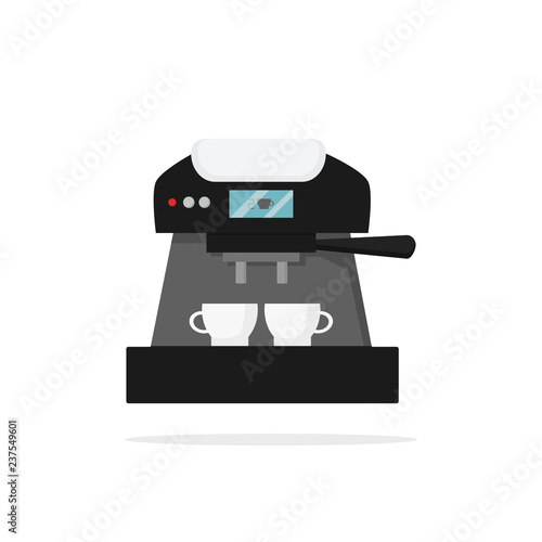 Icon of coffee machine with two cups. Kitchen appliance. Tasty beverage. Household equipment. Hot drink. Electric device. Modern technology theme. Flat vector illustration isolated on white background