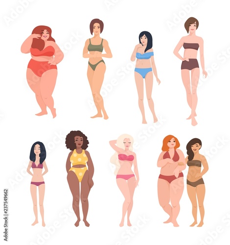 Collection of gorgeous women of different race, height and figure type dressed in swimwear. Cute female cartoon characters isolated on white background. Colorful vector illustration in flat style.