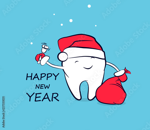 Cute smiling cartoon tooth in Santa hat in red mittens with a bag of gifts and a bell. Vector concept of New Year and Christmas greeting for the dental clinic. Winter holidays in dentistry.