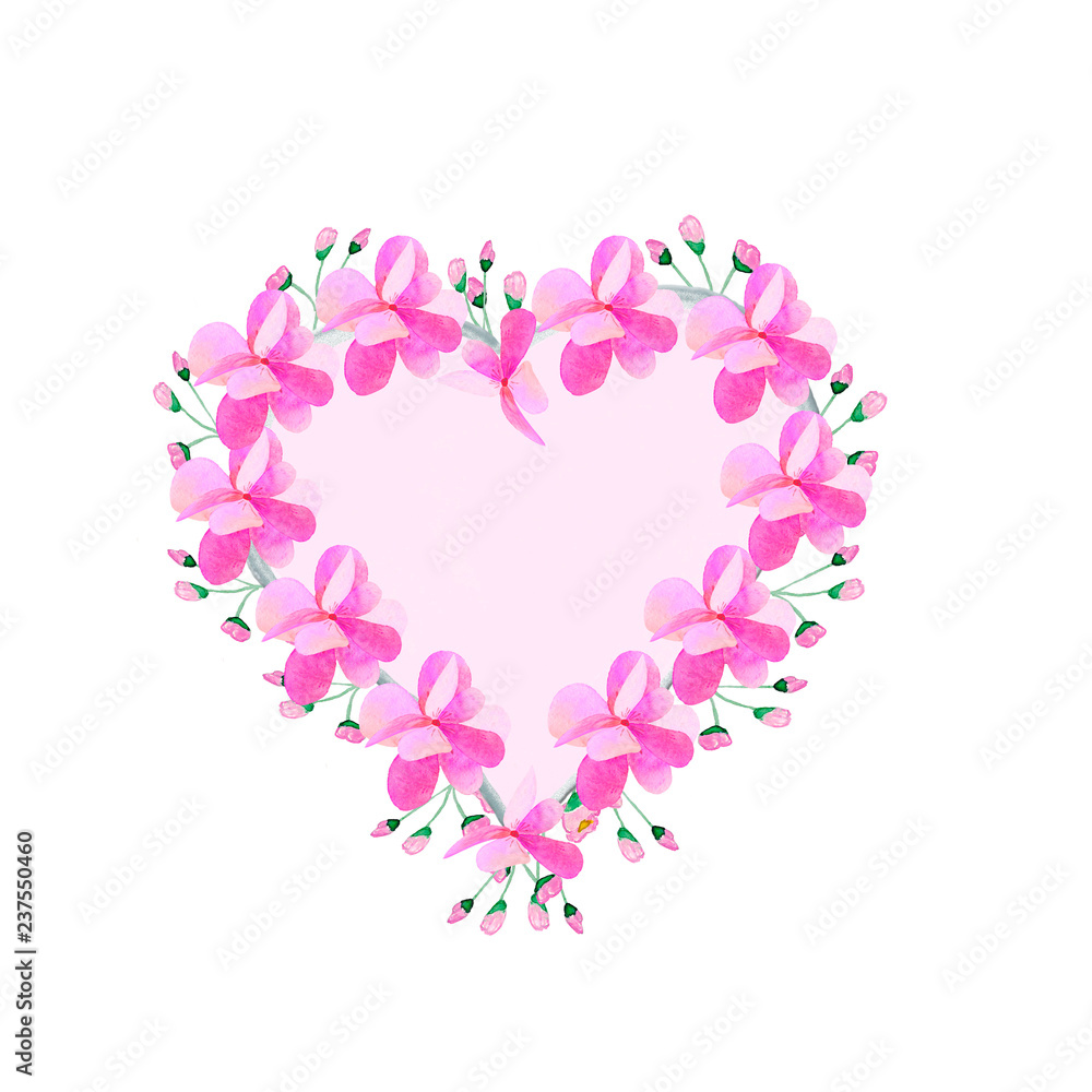 Happy Valentines Day heart and pink flowers watercolor festive background