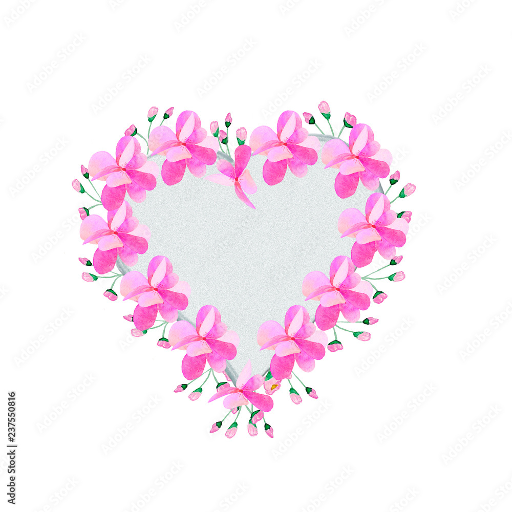 Happy Valentines Day heart and pink and white flowers on gray background