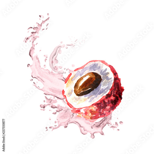 Splash of lychee juice. Watercolor hand drawn illustration, isolated on white background