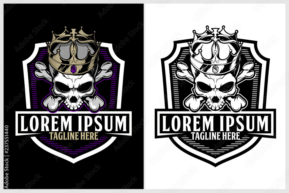 unique king skull wearing crown with cross bone and shield badge crest logo template unique king skull wearing crown with cross bone and shield badge crest logo template