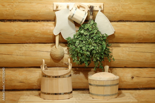 The traditional sauna and bath accessories in the interior of the sauna.