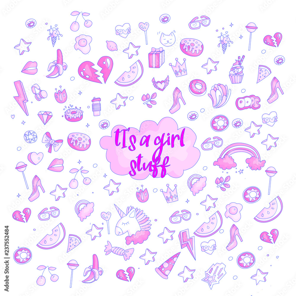 Cute funny Girl teenager colored icon set, fashion cute teen and princess icons - pizza, unicorn, cat, lollypop, fruits and other hand draw line teens icon collection. Magic fun cute girls objects