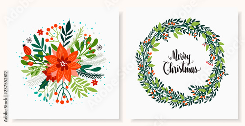 Christmas greetings cards set with seasonal design and decorative wreaths and flowers